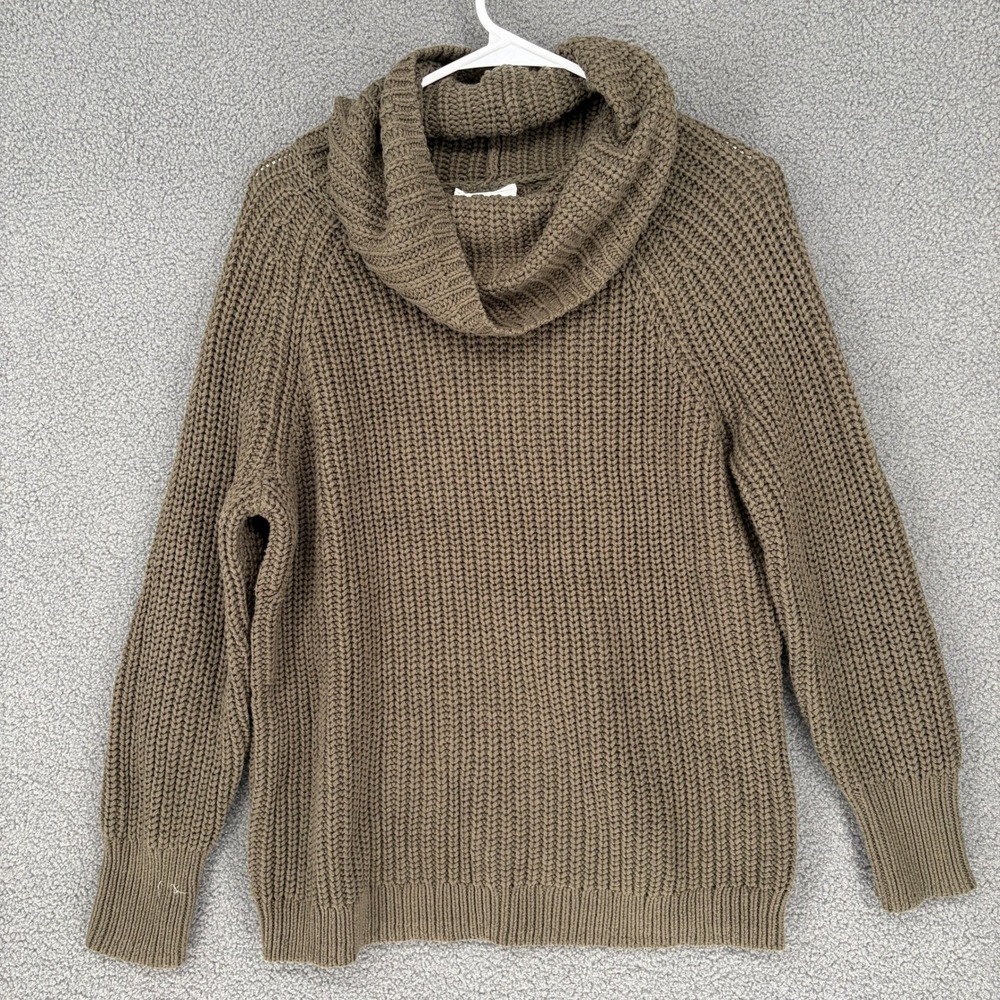 Haven Well Within Olive Green Cowl Neck Chunky Knit Sweater Medium Cotton Blend